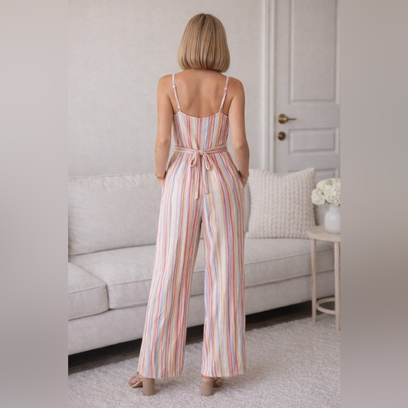 Striped Wrap Jumpsuit Small Pastel Rainbow Tie Waist Wide Leg Boho Summer - Picture 3 of 5